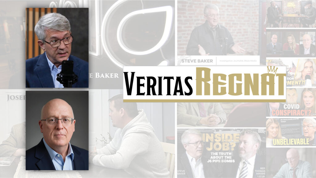 Collage featuring two men in suits with microphones and a central 'Veritas Regnat' logo banner; media clips artfully arranged in the background.