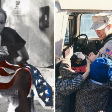 Left panel: Woman resting her chin on her hand with a patriotic flag draped over her lap, black-and-white photo.