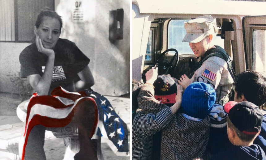 Left panel: Woman resting her chin on her hand with a patriotic flag draped over her lap, black-and-white photo.