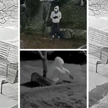 Black-and-white collage of winter outdoor scenes from a surveillance view: a snow-covered bench and railing, a person in a hoodie standing nearby, and a snowy hillside with a fence.