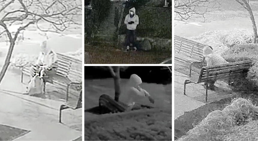 Black-and-white collage of winter outdoor scenes from a surveillance view: a snow-covered bench and railing, a person in a hoodie standing nearby, and a snowy hillside with a fence.