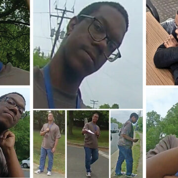 Young man wearing glasses and a blue lanyard outdoors, posing in various angles (casual portrait collage).