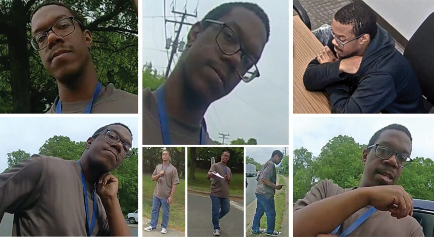 Young man wearing glasses and a blue lanyard outdoors, posing in various angles (casual portrait collage).