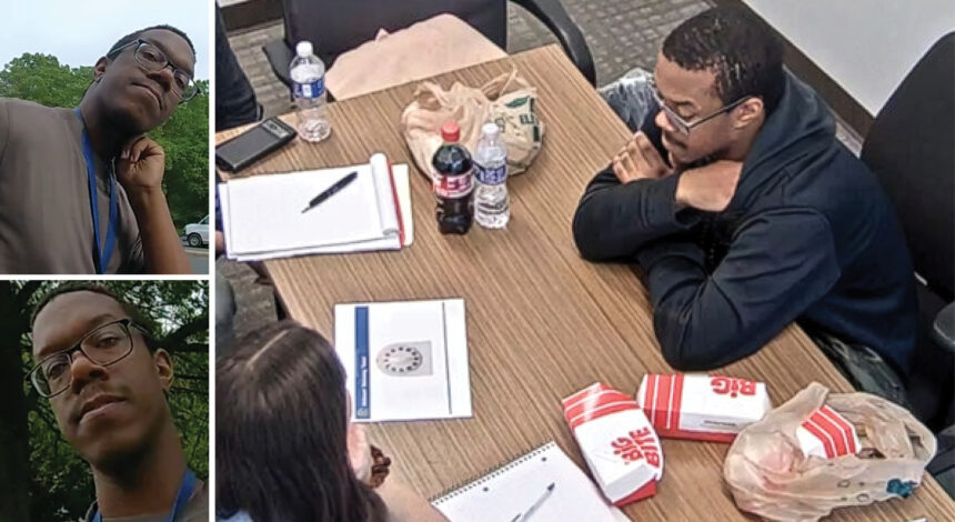 Two selfies of a young man wearing glasses outdoors, posing against trees and sky on a sunny day.