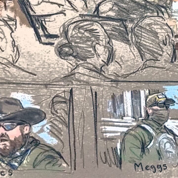 Two-panel political cartoon: left shows a man in a hat labeled 'Rhodes' with the words 'we must refuse to accept Biden'; right shows a masked man labeled 'Meggs'.