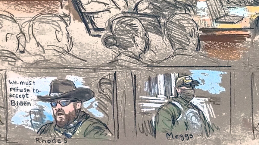 Two-panel political cartoon: left shows a man in a hat labeled 'Rhodes' with the words 'we must refuse to accept Biden'; right shows a masked man labeled 'Meggs'.