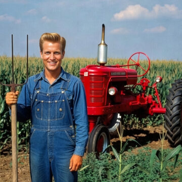 Farmer in blue denim overalls standing beside a red tractor in a cornfield, holding a pitchfork.