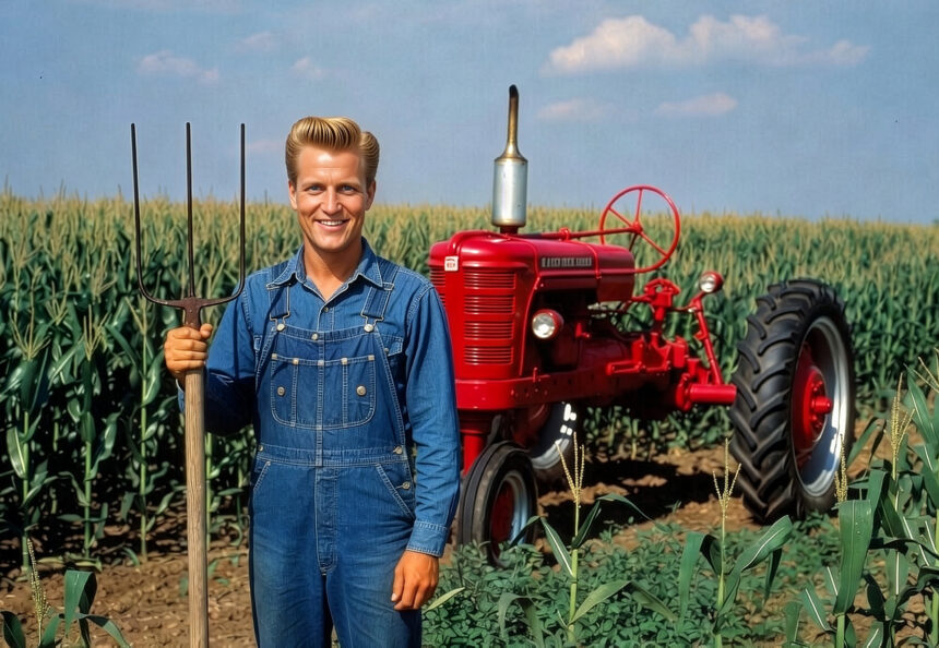 Farmer in blue denim overalls standing beside a red tractor in a cornfield, holding a pitchfork.